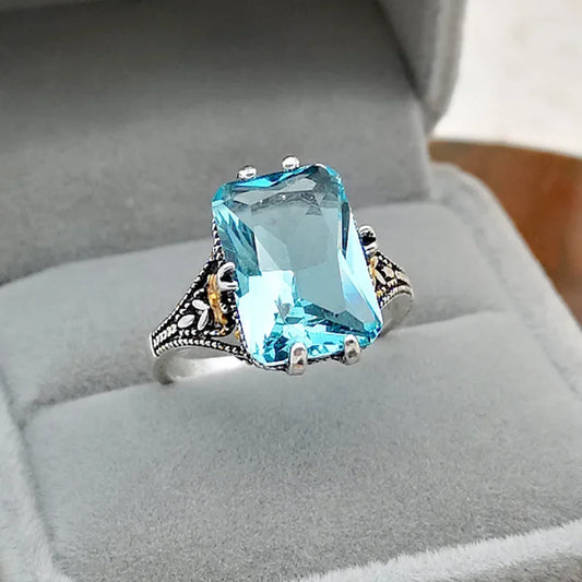 925 Sterling Silver Aquamarine Flower Ring, Gold Color Flower Sky Blue Crystal