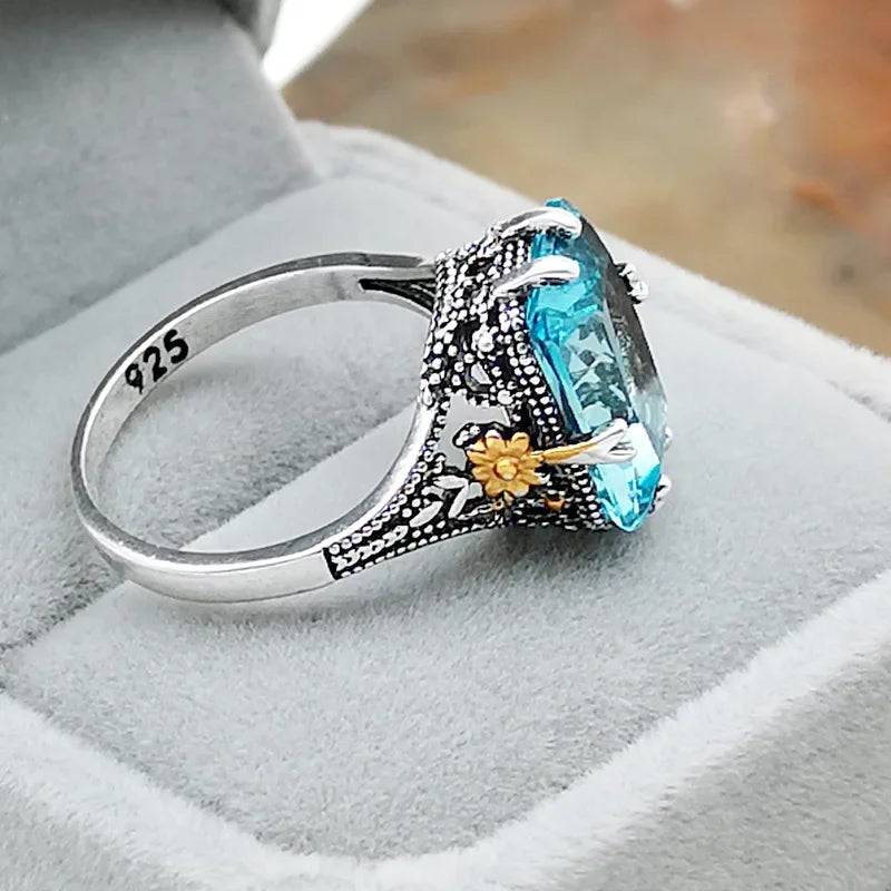 925 Sterling Silver Aquamarine Flower Ring, Gold Color Flower Sky Blue Crystal