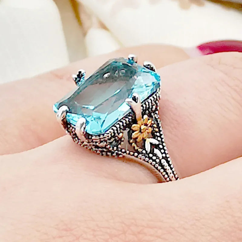 925 Sterling Silver Aquamarine Flower Ring, Gold Color Flower Sky Blue Crystal
