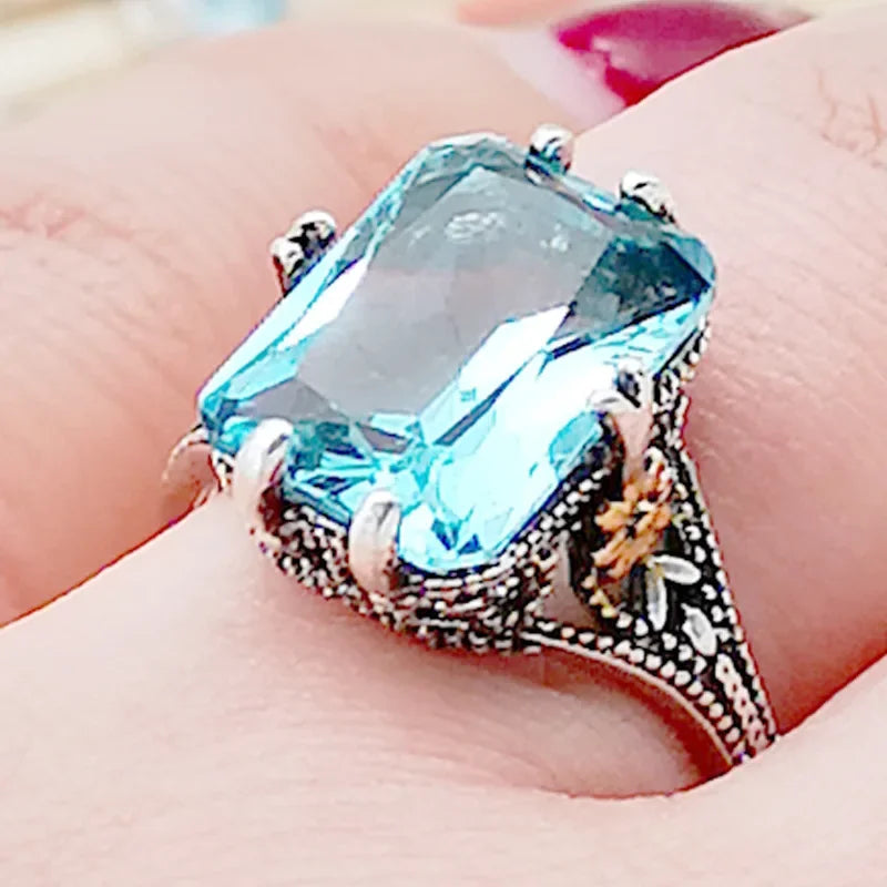 925 Sterling Silver Aquamarine Flower Ring, Gold Color Flower Sky Blue Crystal