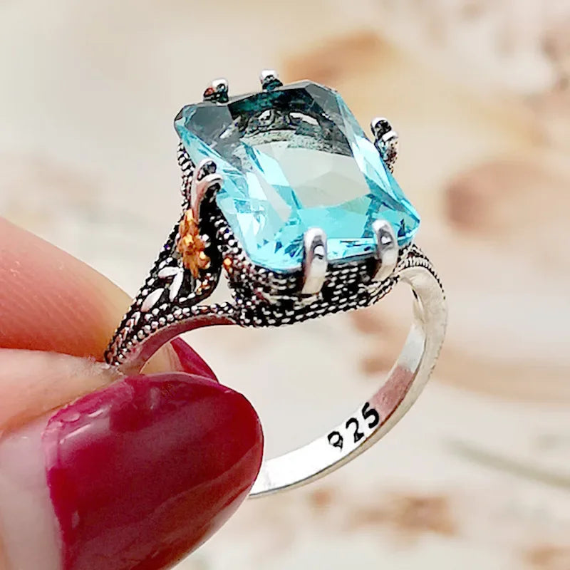 925 Sterling Silver Aquamarine Flower Ring, Gold Color Flower Sky Blue Crystal
