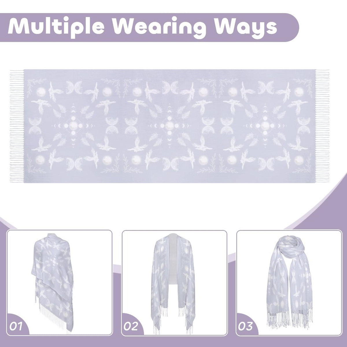Celestial Crows in Bright White Cashmere-like Tassel Scarf, Raven Gothic Shawl