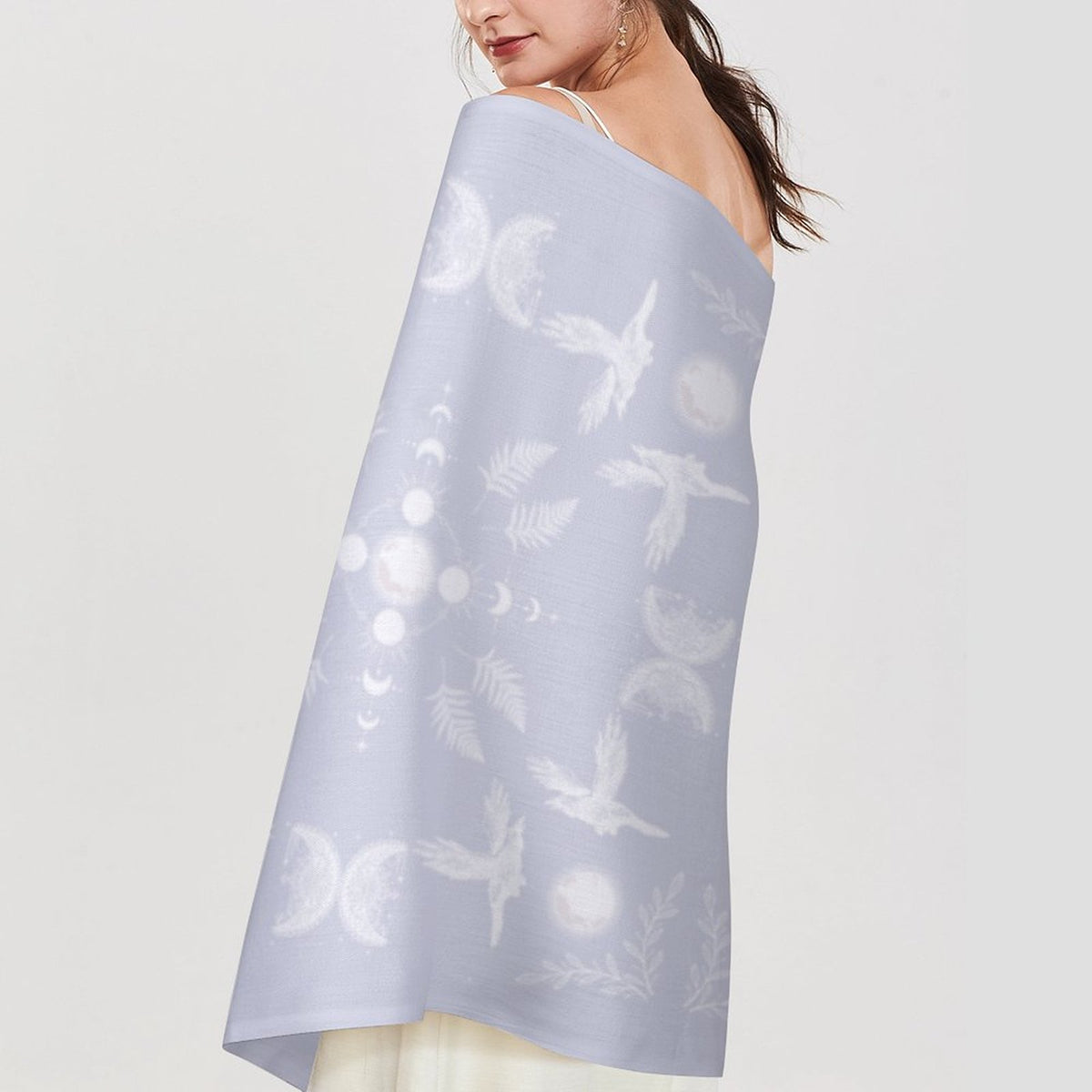Celestial Crows in Bright White Cashmere-like Tassel Scarf, Raven Gothic Shawl