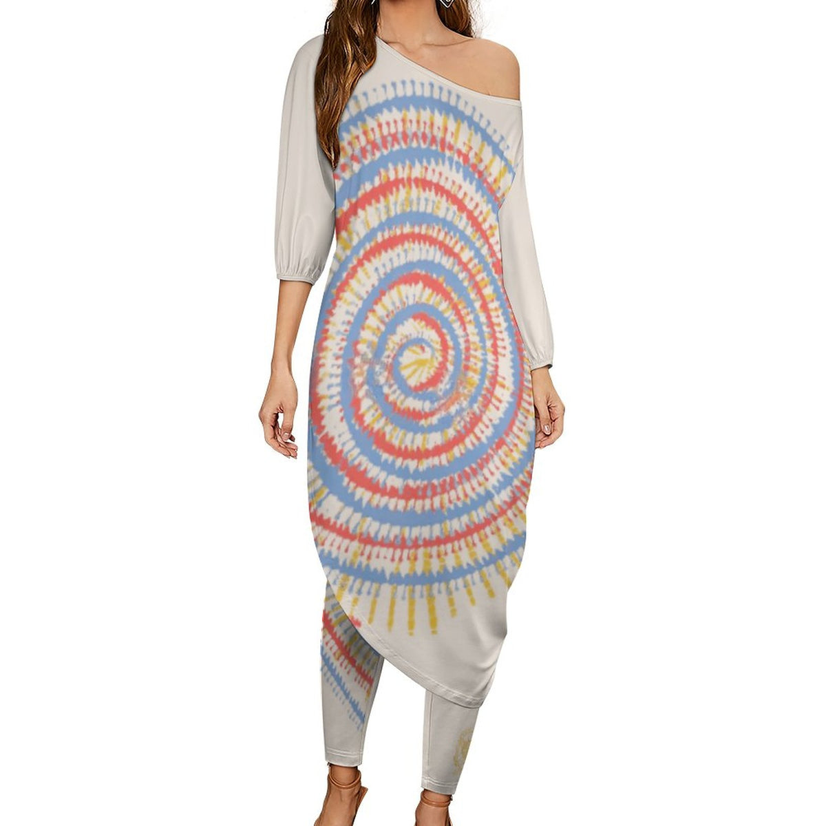 Boho Tribal Diagonal Shoulder Two Piece Set, Boho Ethnic Dress and leggings
