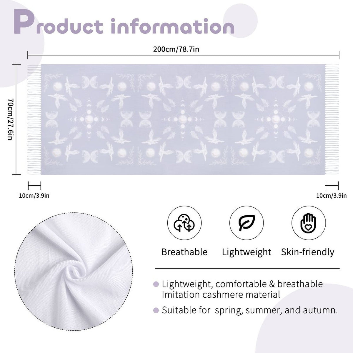 Celestial Crows in Bright White Cashmere-like Tassel Scarf, Raven Gothic Shawl