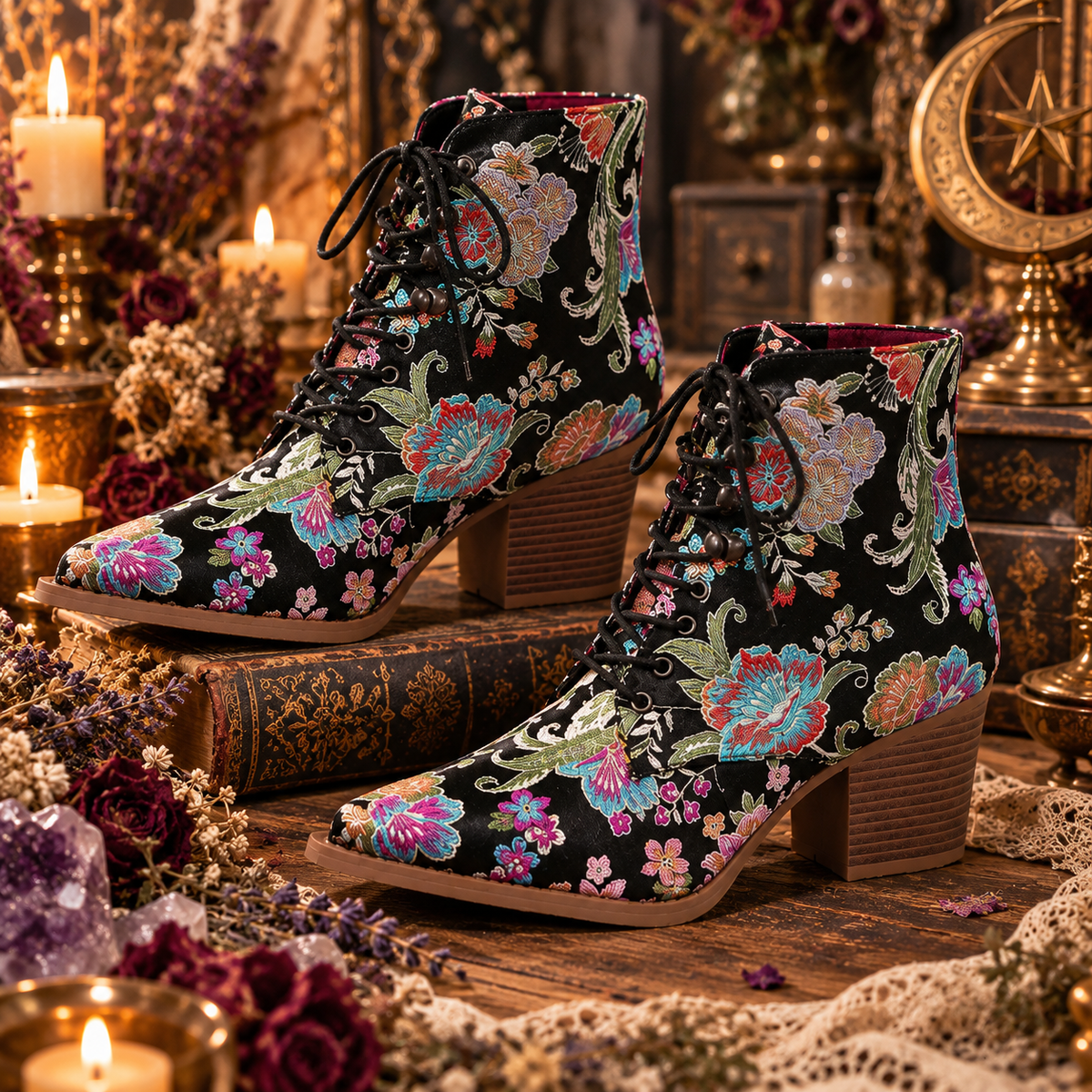 Ethnic Embroidered Pointed-Toe Ankle Boots