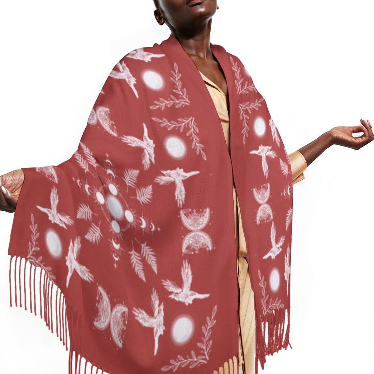 Celestial Crows Cashmere like Shawl in Chili Oil, Raven Gothic Wrap