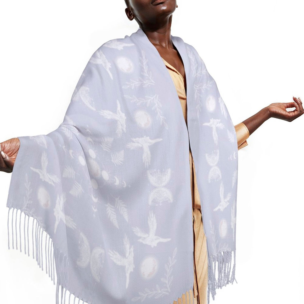 Celestial Crows in Bright White Cashmere-like Tassel Scarf, Raven Gothic Shawl