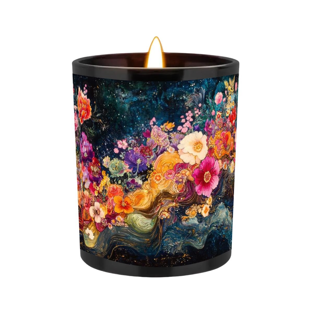 Candle with a colorful floral design on a black container against a white background