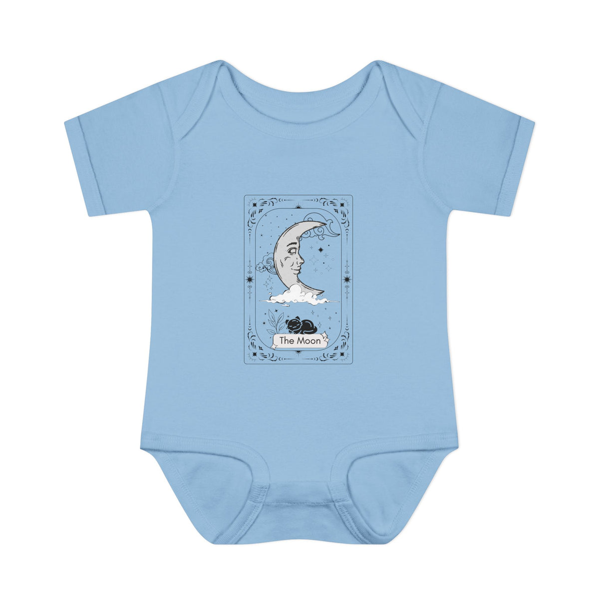 Light blue baby onesie with 'The Moon' tarot card design on a white background