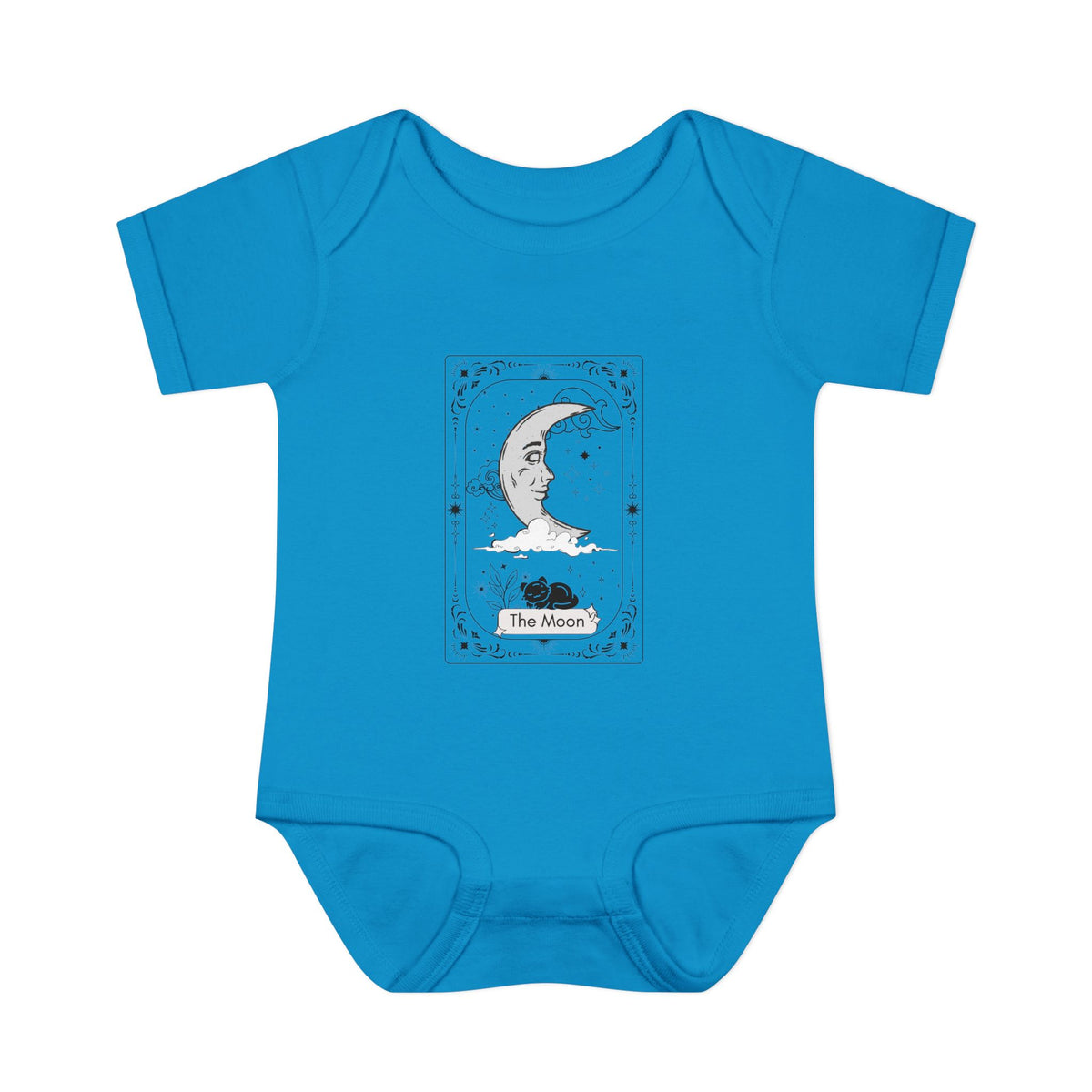 Blue baby onesie with a celestial design on a white background