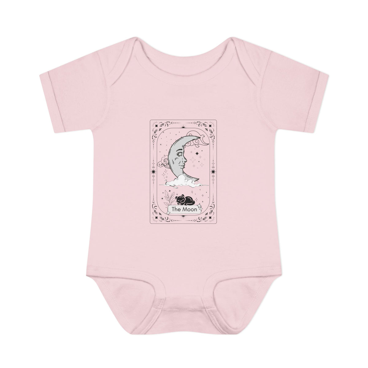 Pink baby onesie with 'The Moon' tarot card design on a white background