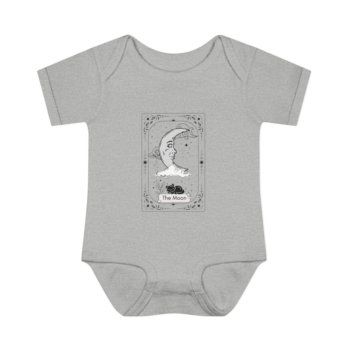 Gray baby onesie with 'The Moon' tarot card design on a white background