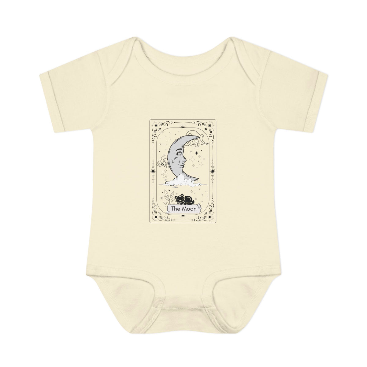 Beige baby onesie with a graphic design on a white background
