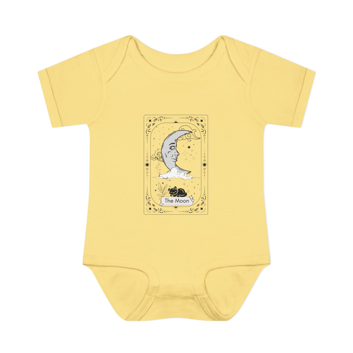 Yellow baby onesie with a tarot card design featuring a moon and black cat on a white background.