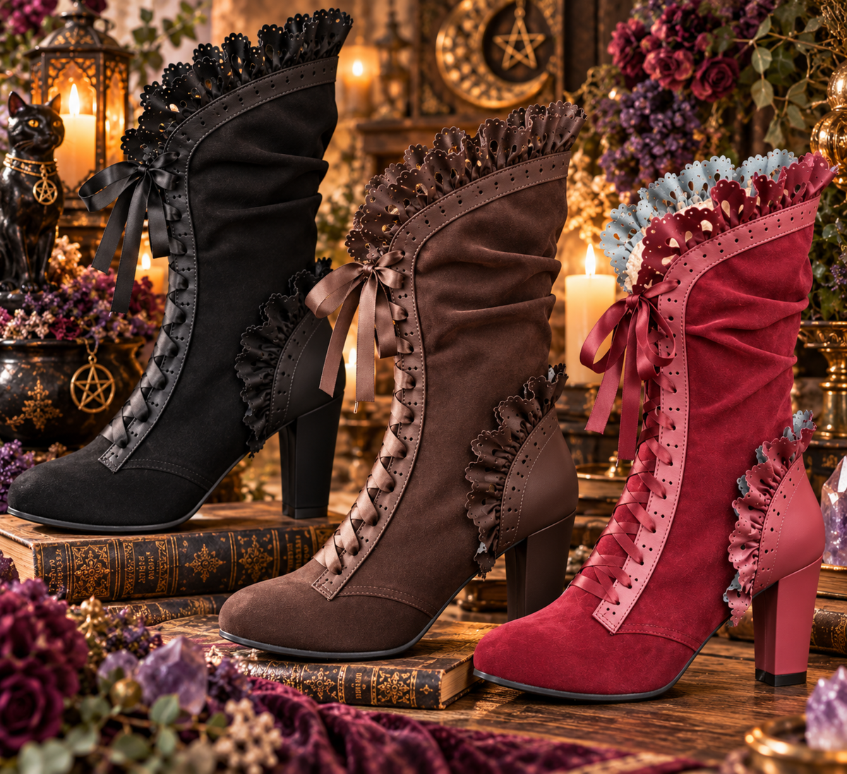 Women’s Victorian Lace-Up Mid-Calf Boots – Retro High Heel Gothic Booties