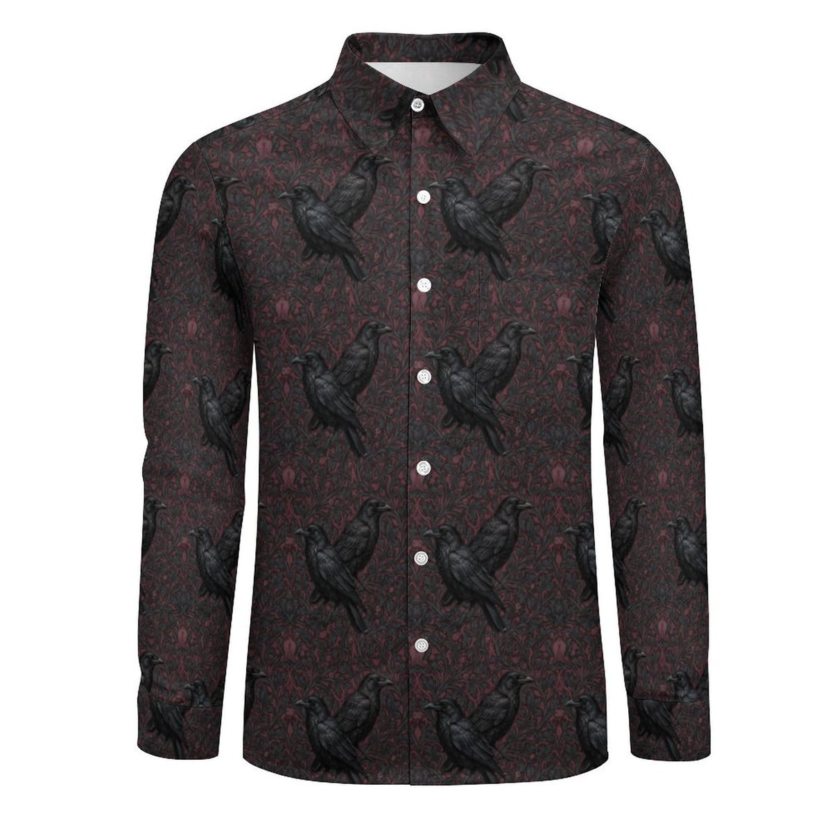 Long-sleeve shirt with black crow pattern on a white background