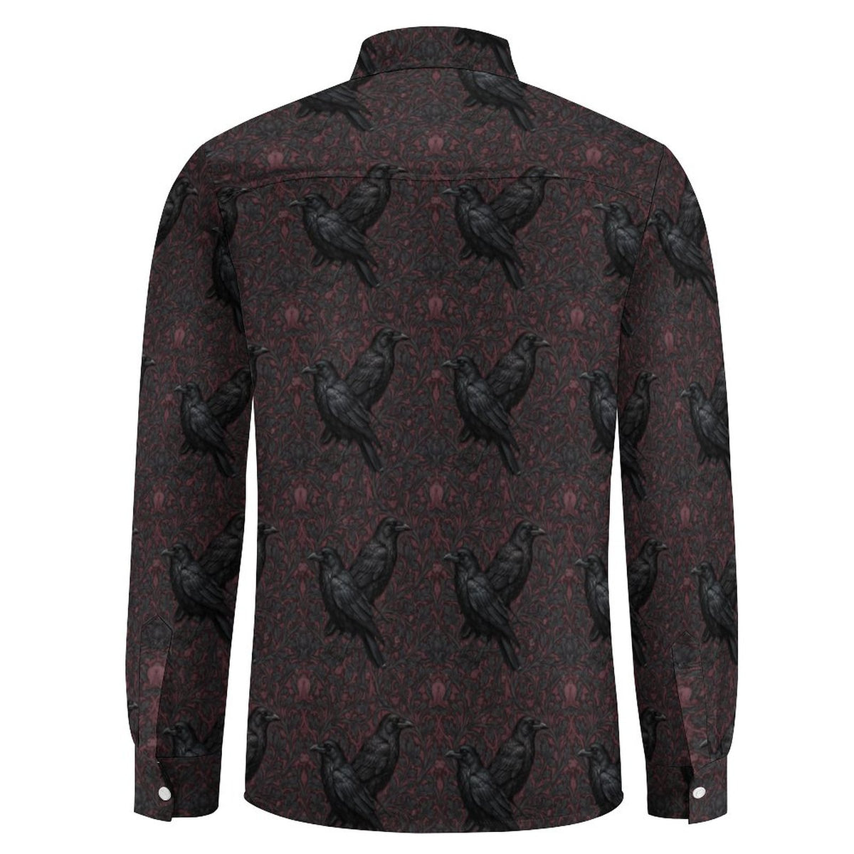 Long-sleeve shirt with black crow pattern on a white background