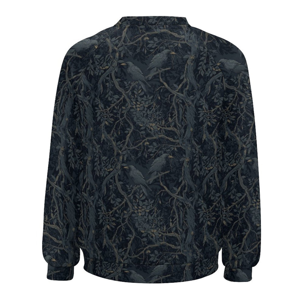 Dark patterned shirt with bird and branch design on a white background