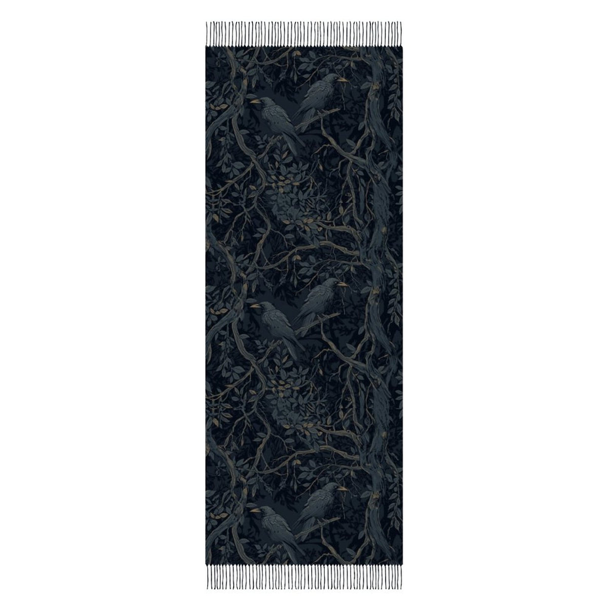 Scarf with bird and branch pattern on a black background