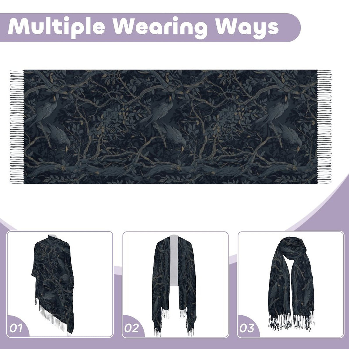 Black patterned scarf with illustrations of people and trees, shown in three different ways on a white background.