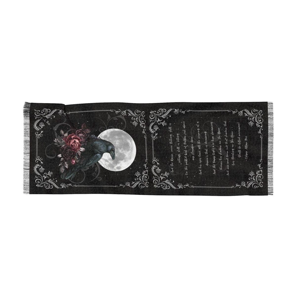 Decorative scarf with a gothic design featuring a crow, moon, and floral elements on a black background.