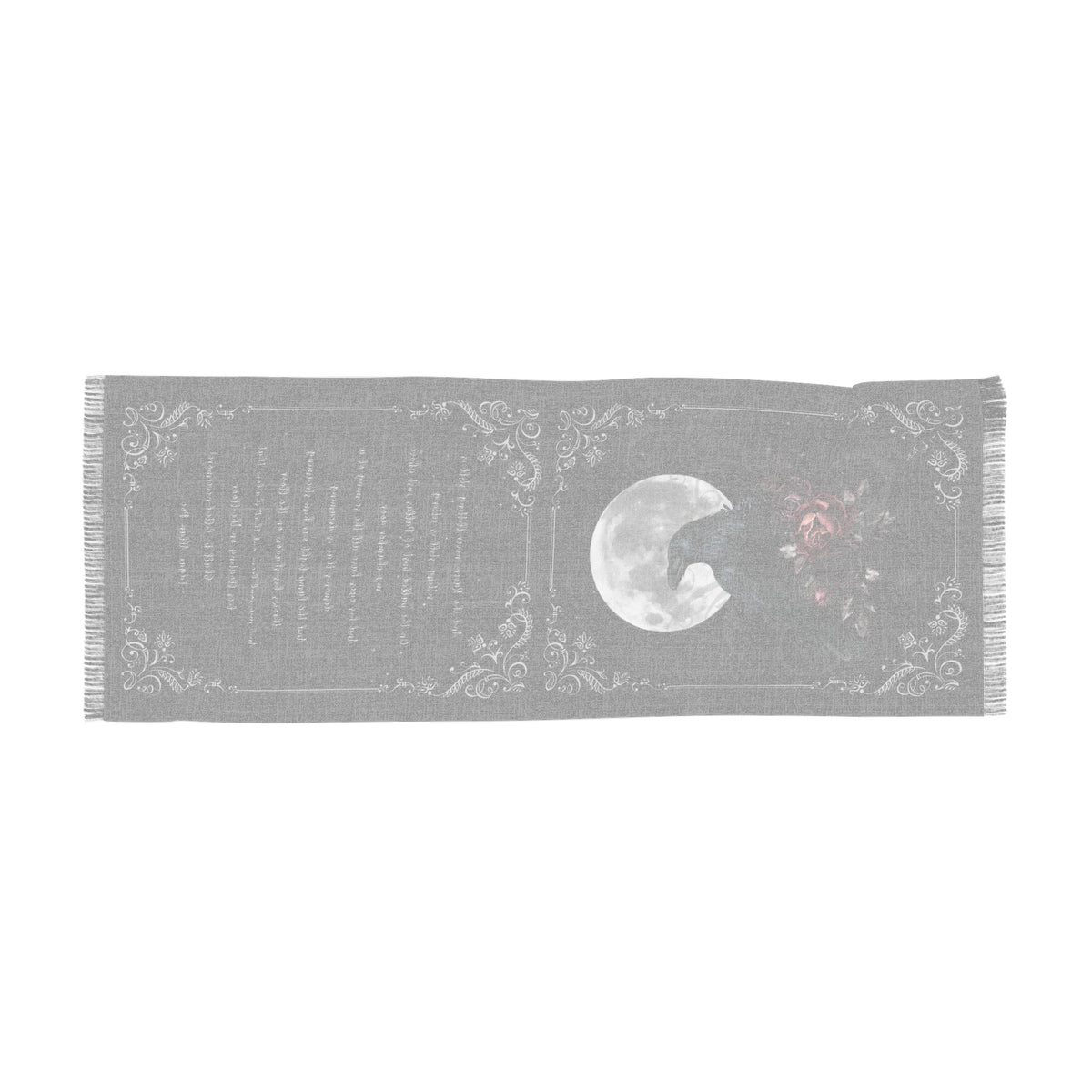 Gray scarf with moon and floral patterns on a white background