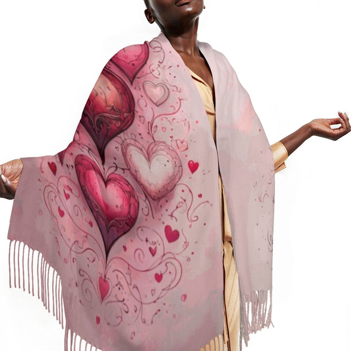 Enchanting Hearts Soft Tassel Scarf - Whimsical Heart Print Scarf Anniversary Love