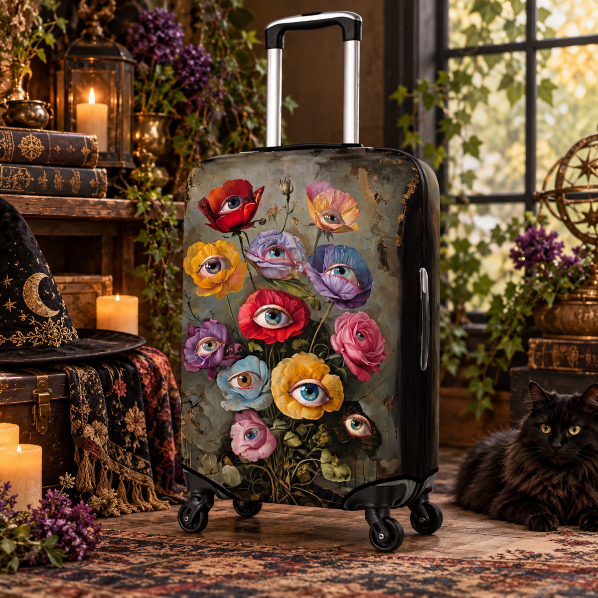 Flower Eyes Luggage Cover: Surreal Vintage Floral Suitcase Wrap