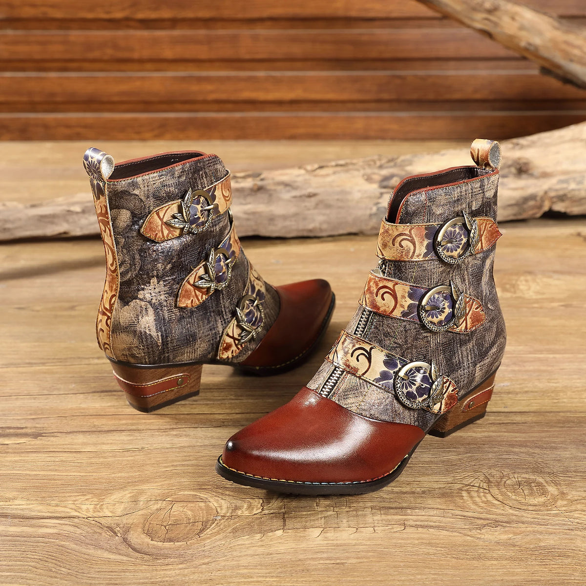 Johnature Embossed Strap Ankle Boots, Genuine Leather Patchwork Front Zip Pointed Toe