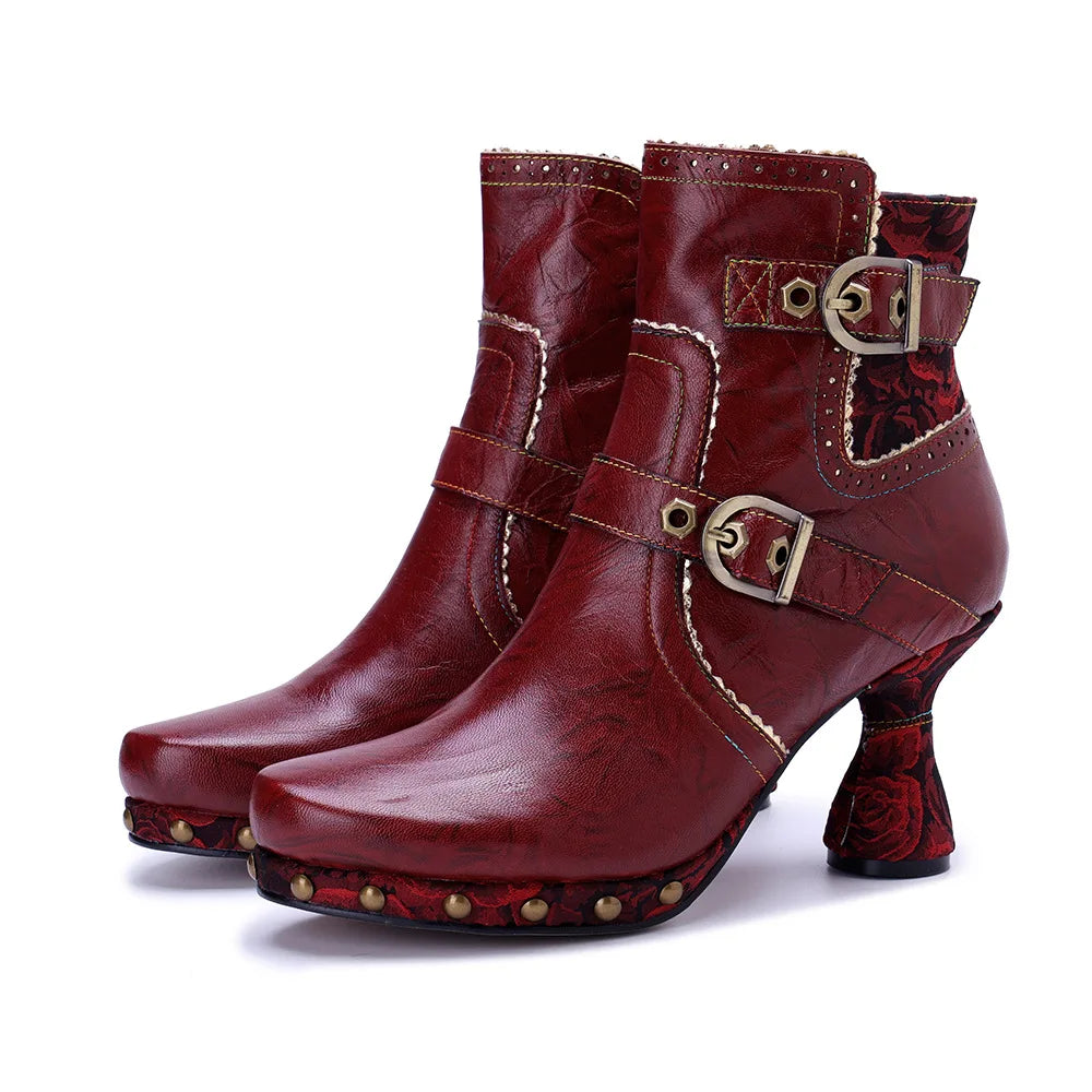 Johnature 2025 Autumn Winter Fashion Red High Heels, Handmade Genuine Leather