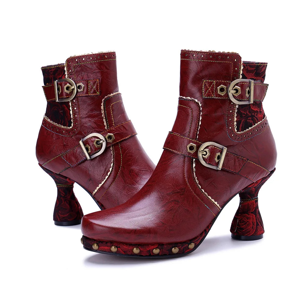 Johnature 2025 Autumn Winter Fashion Red High Heels, Handmade Genuine Leather