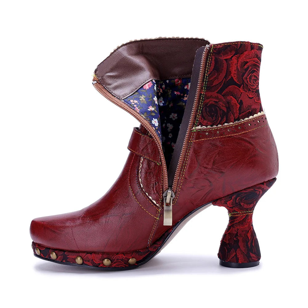 Johnature 2025 Autumn Winter Fashion Red High Heels, Handmade Genuine Leather