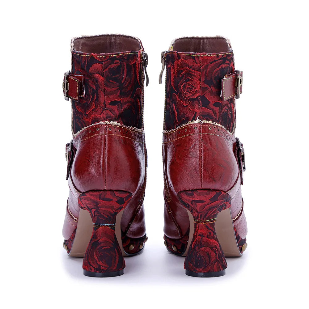 Johnature 2025 Autumn Winter Fashion Red High Heels, Handmade Genuine Leather