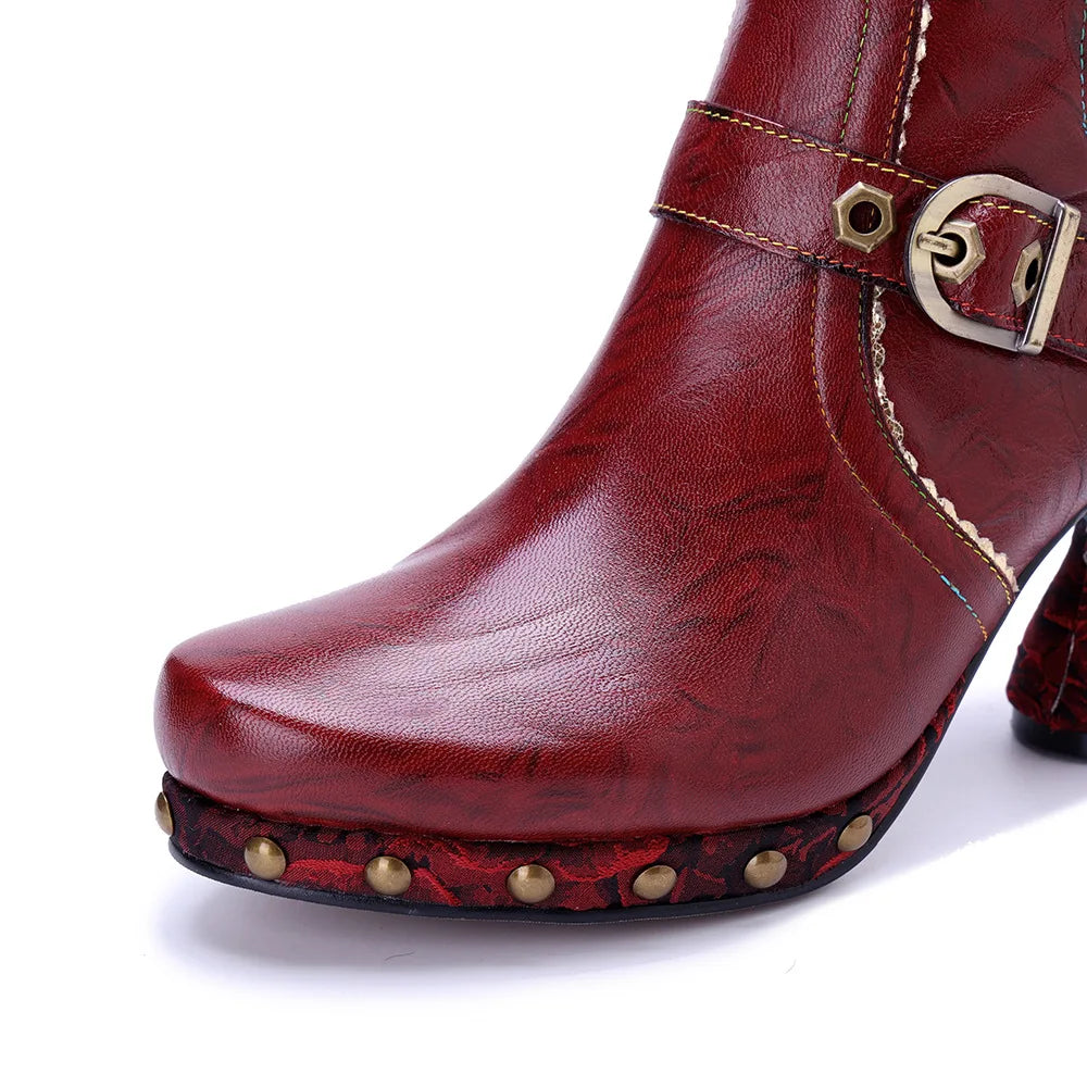 Johnature 2025 Autumn Winter Fashion Red High Heels, Handmade Genuine Leather