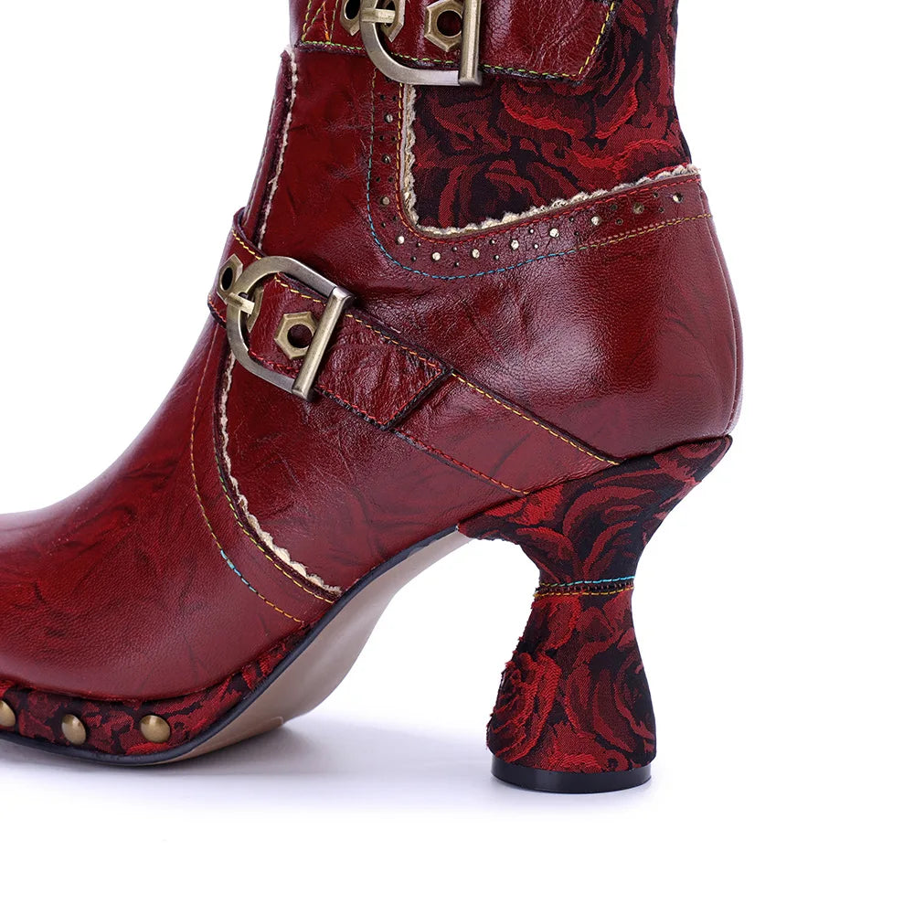 Johnature 2025 Autumn Winter Fashion Red High Heels, Handmade Genuine Leather