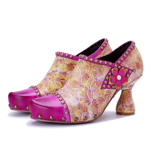 Johnature 2025 Spring/Summer Fun Pink Floral Pumps, Genuine Leather Retro Pink Shoes