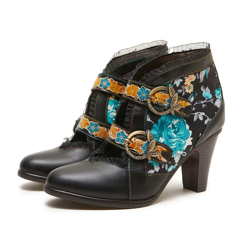 Johnature Genuine Leather Turquoise Floral Ankle Boots, High Heel Retro Print