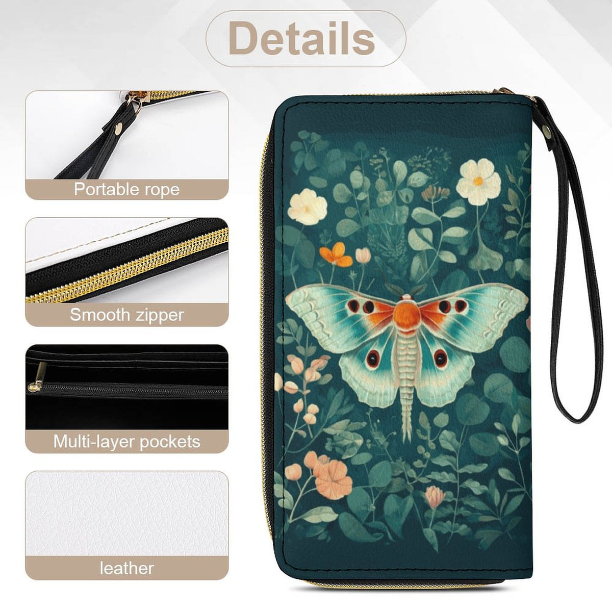 Lunamoth Leather Wallet with Wristlet Strap 