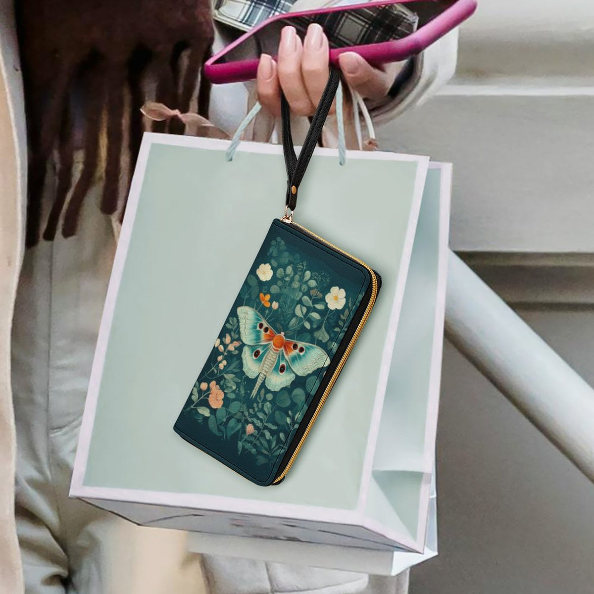 Lunamoth Leather Wallet with Wristlet Strap 