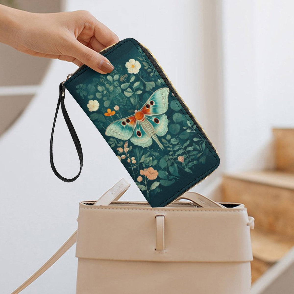 Lunamoth Leather Wallet with Wristlet Strap 