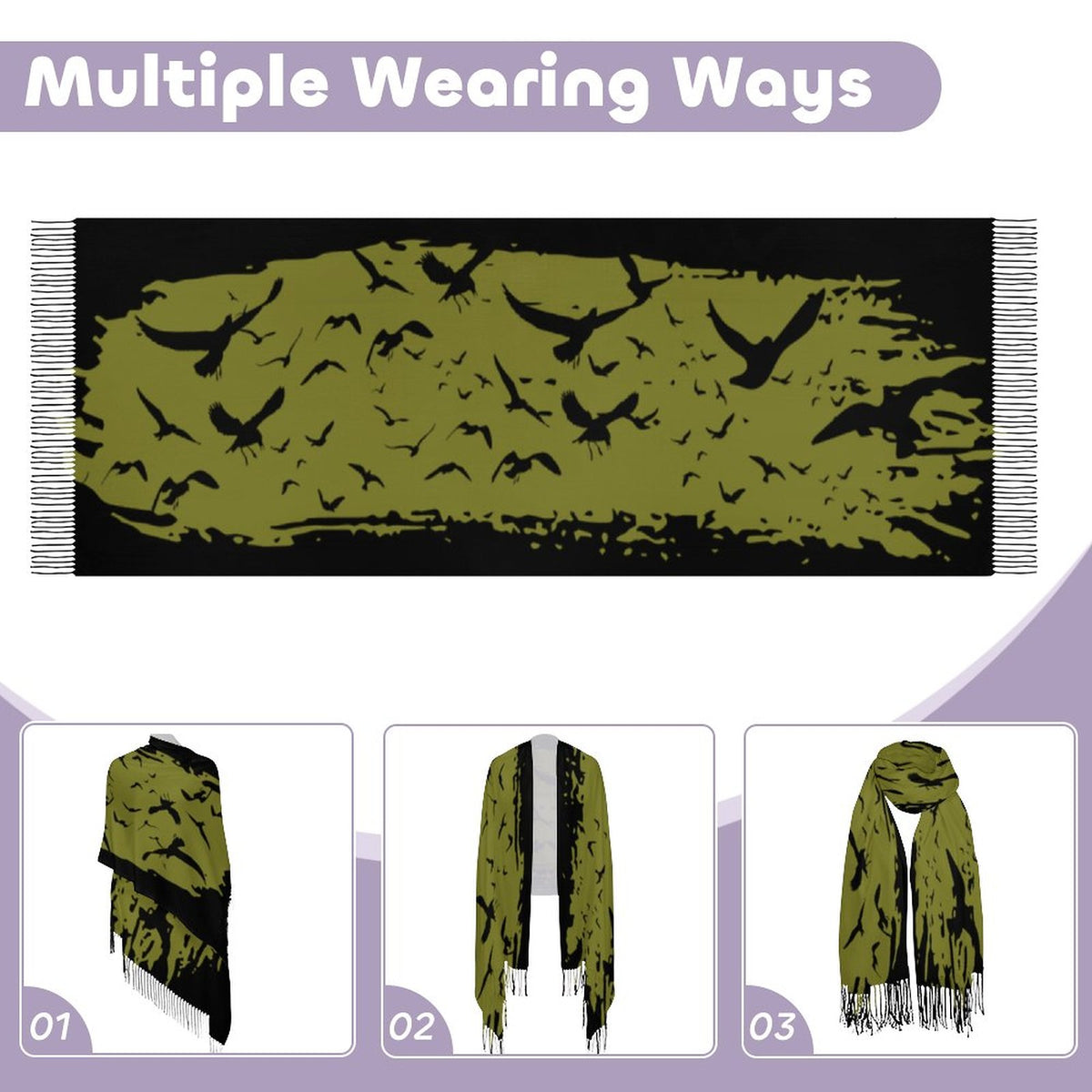 Murder of Crows Fern Tassel Scarf, Witchy Clothing, Raven Scarf