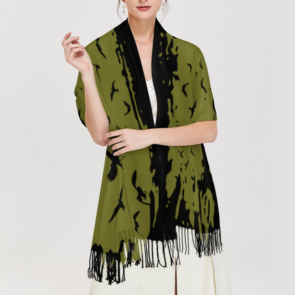Murder of Crows Fern Tassel Scarf, Witchy Clothing, Raven Scarf