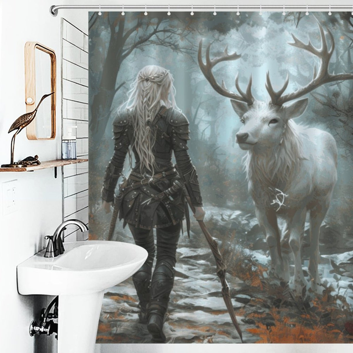 Mystical Forest Aelin and Stag Shower Curtain - Fierce Women of Fantasy