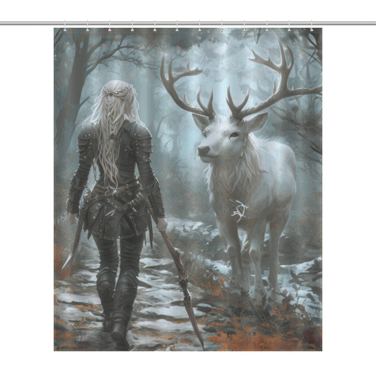 Mystical Forest Aelin and Stag Shower Curtain - Fierce Women of Fantasy