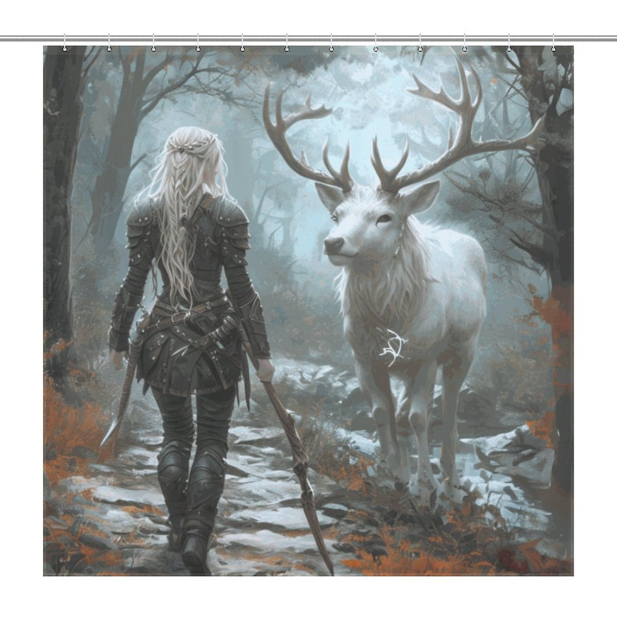 Mystical Forest Aelin and Stag Shower Curtain - Fierce Women of Fantasy