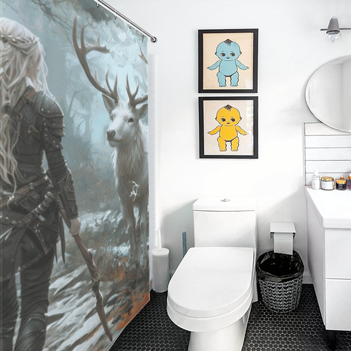 Mystical Forest Aelin and Stag Shower Curtain - Fierce Women of Fantasy