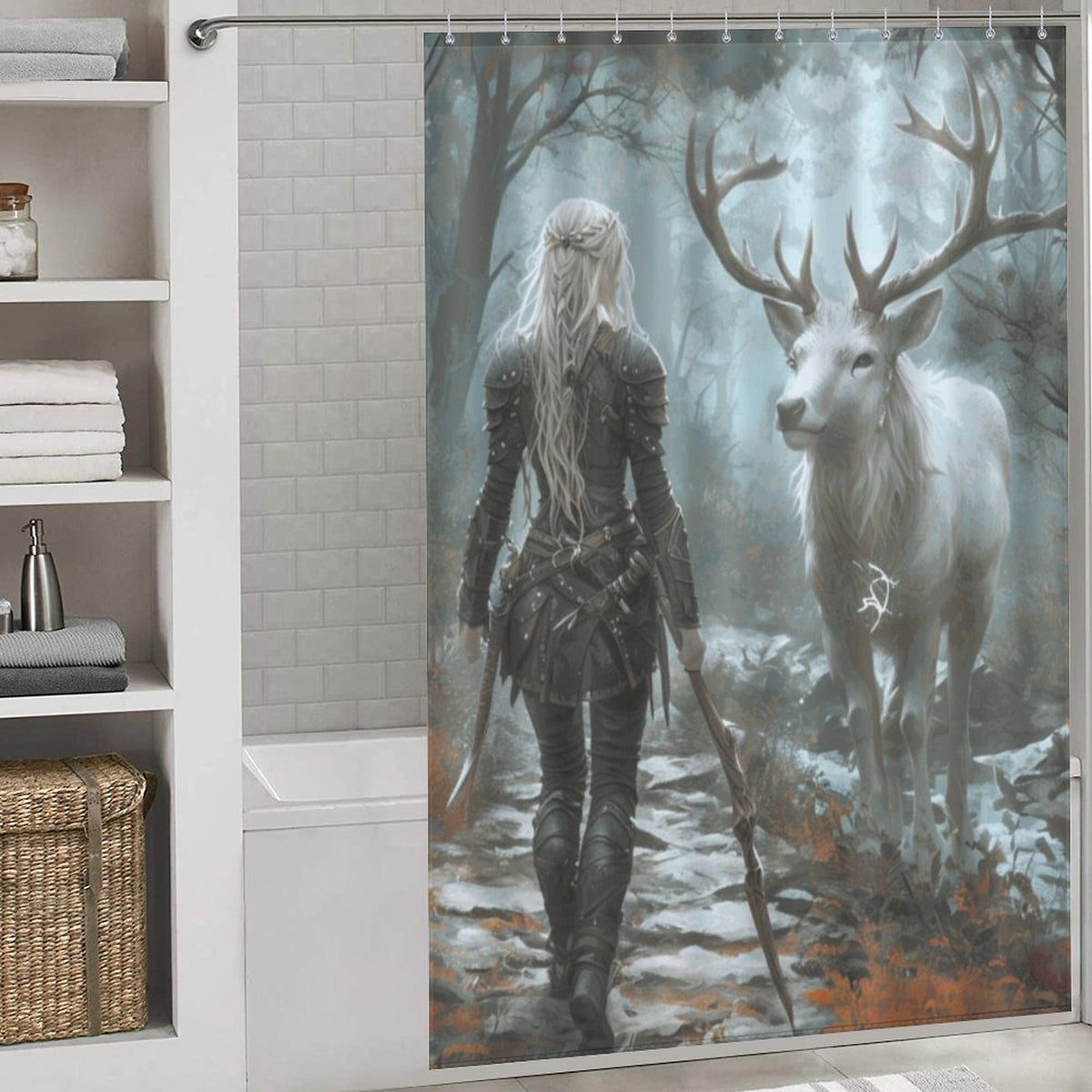Mystical Forest Aelin and Stag Shower Curtain - Fierce Women of Fantasy