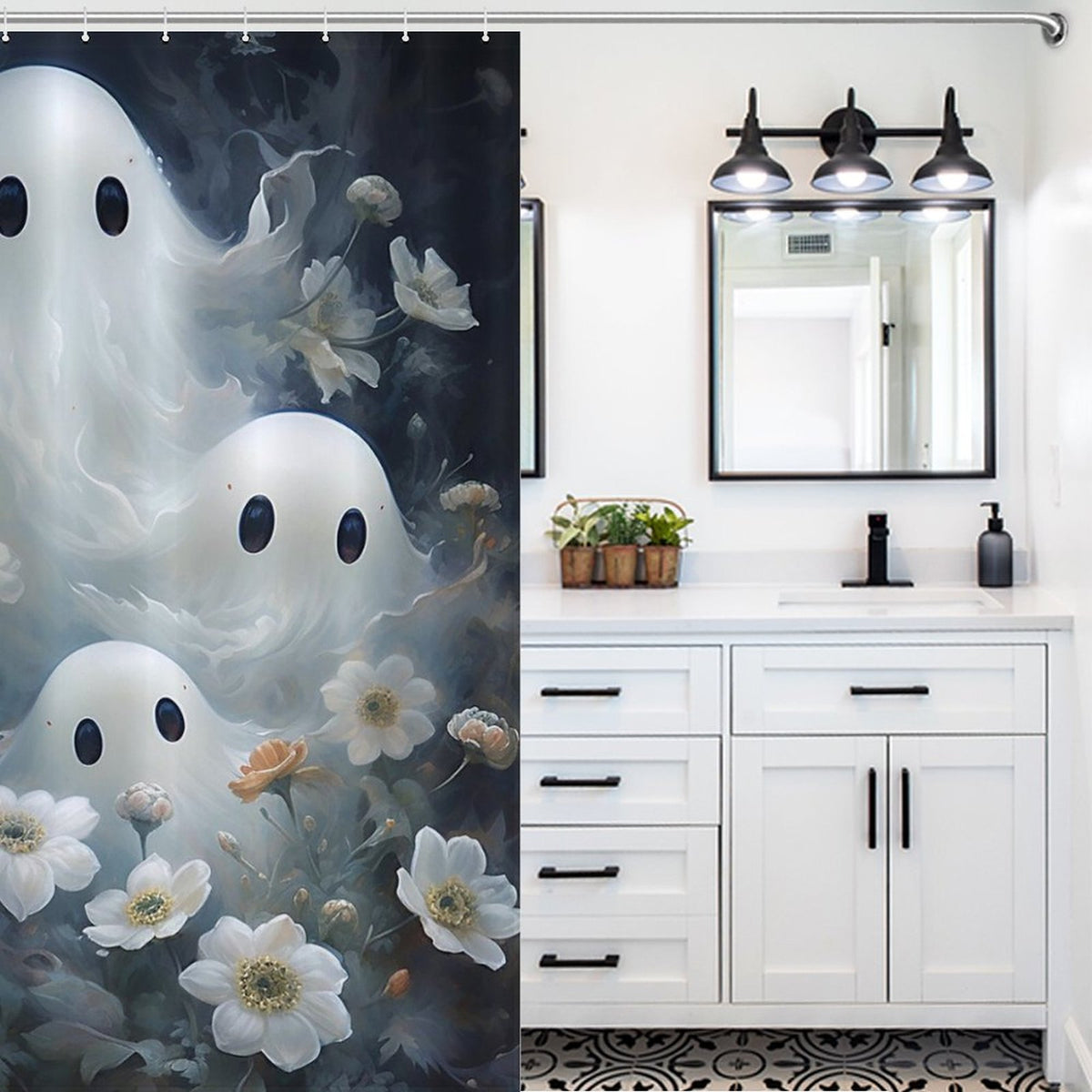Peek-a-Boo Ghosts Shower Curtain, Gothic Whimsigoth Botanical Bathroom Decor