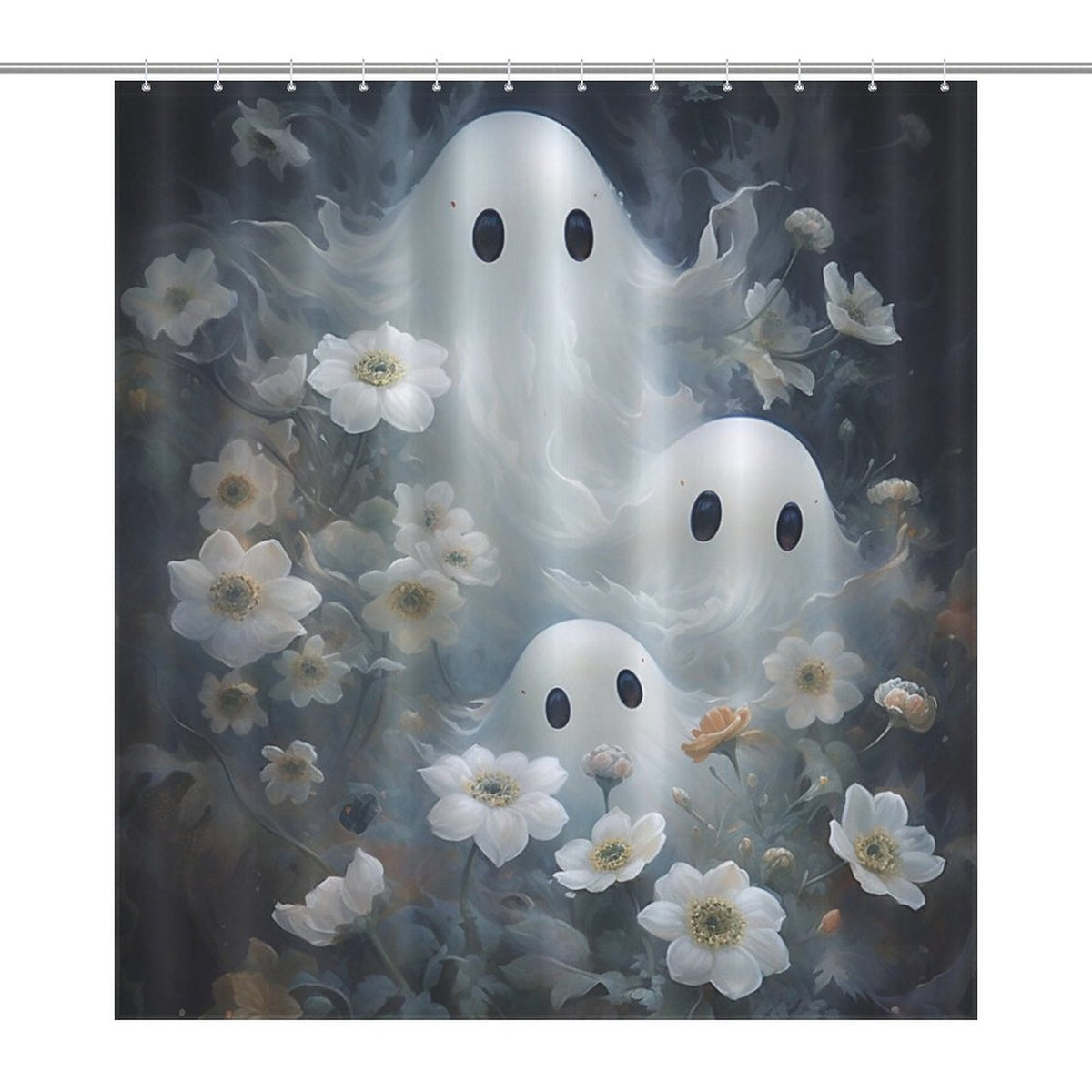 Peek-a-Boo Ghosts Shower Curtain, Gothic Whimsigoth Botanical Bathroom Decor